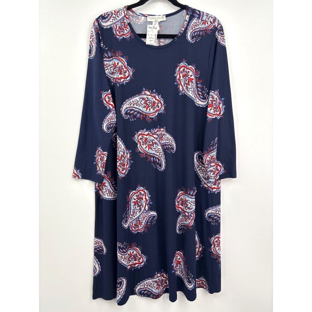 Jamie & Layla Paisley Print Stretch Casual Dress Navy 2X NEW